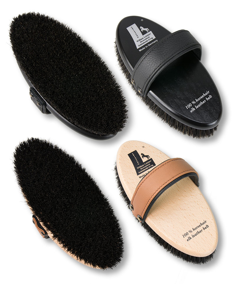 Horse grooming brushes with elk leather straps