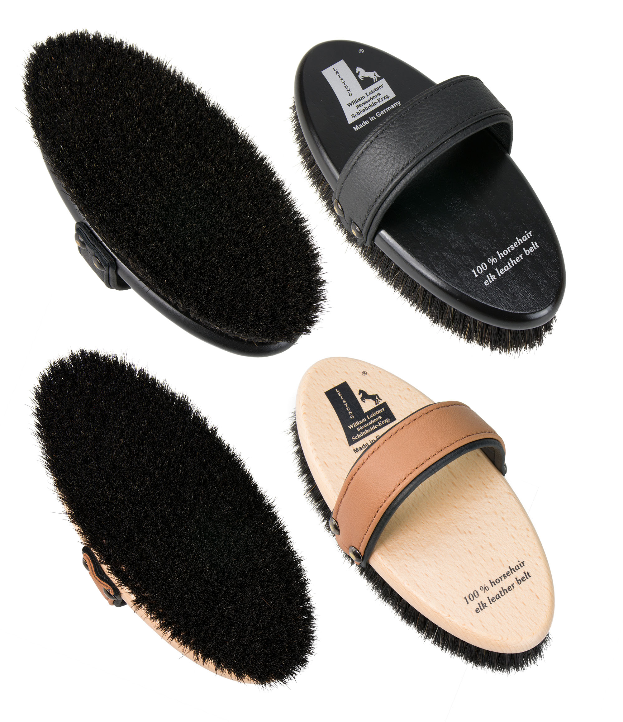 Horse grooming brushes with elk leather straps