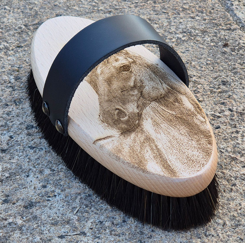 Fotogravur auf Kardätsche Pferdekopf